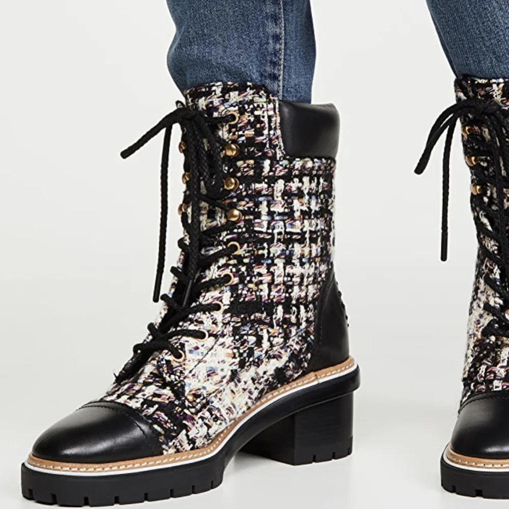 Tory Burch Miller Lug Sole Leather and Tweed size Lace Up Boot 9